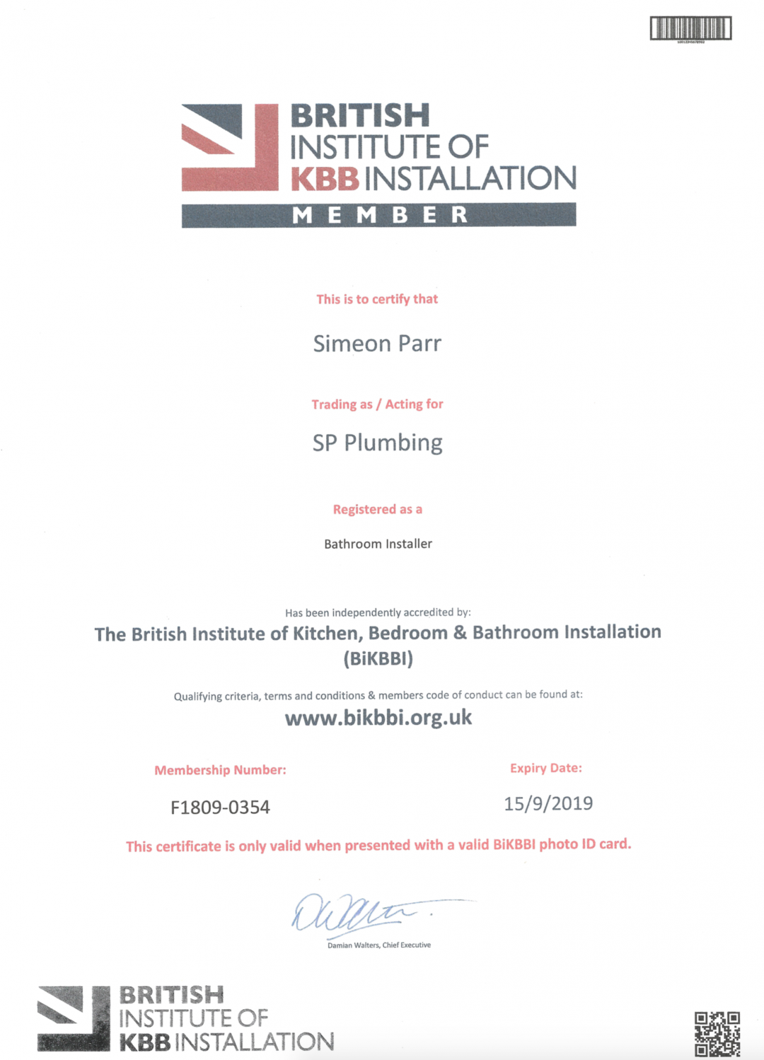Qualifications and Certificates SP Plumbing